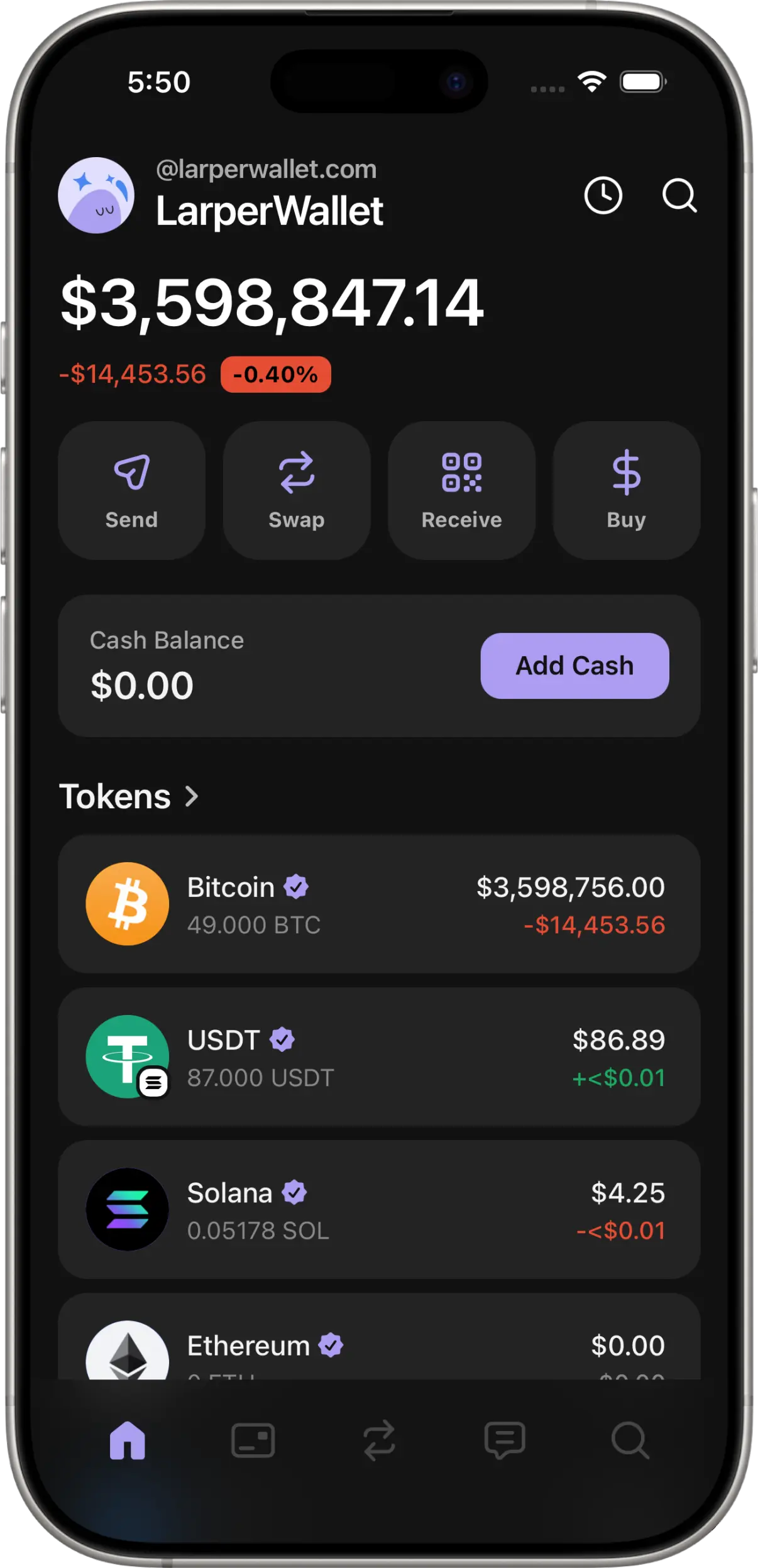 A simulated crypto wallet on a phone with a custom balance and matching transaction history