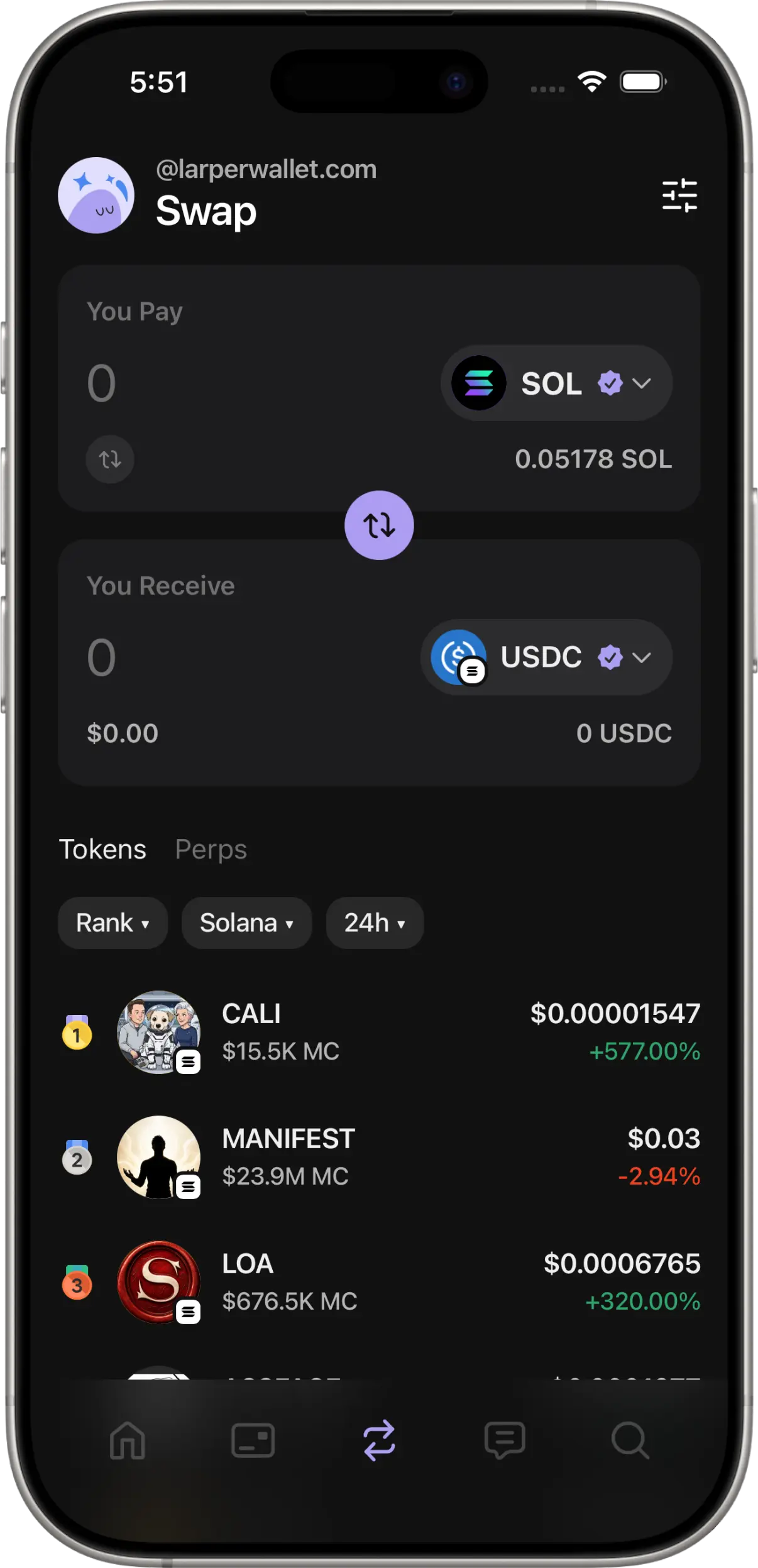 The Watch Address tab in RPWallet with a public Solana address pasted in and synced