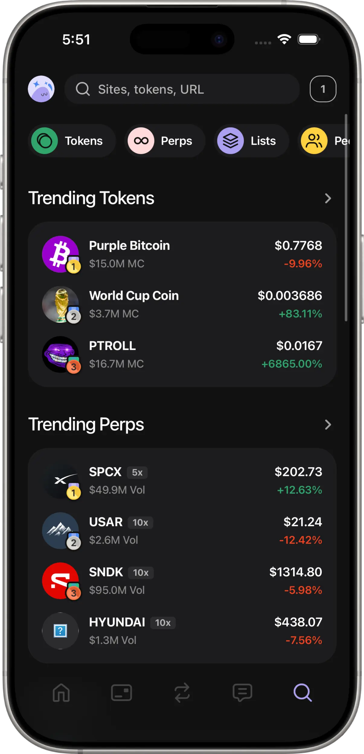 RPWallet recorded full screen on a phone with live-looking price movement