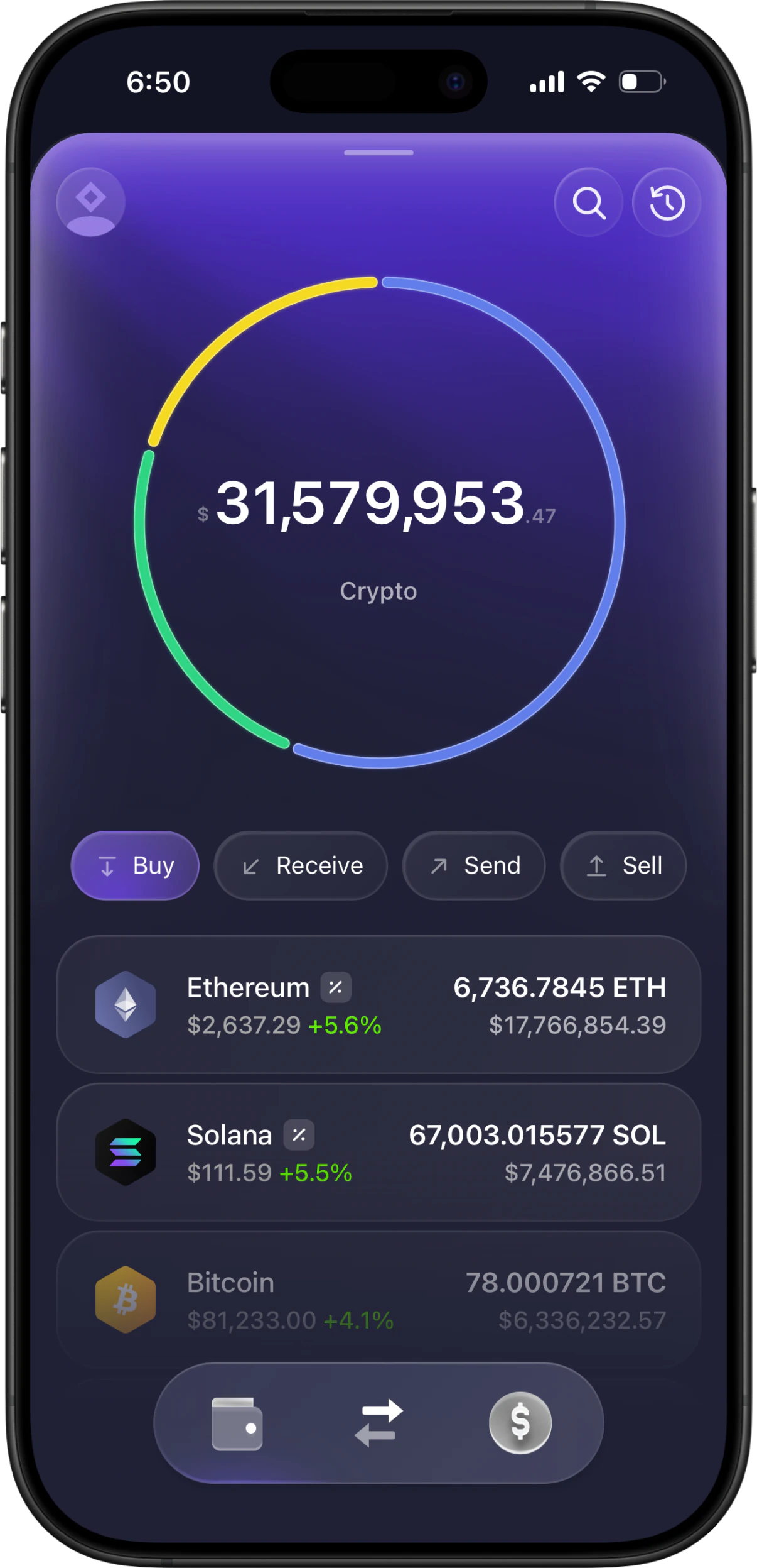 Exodus-style RPWallet simulator on iPhone with fictional holdings
