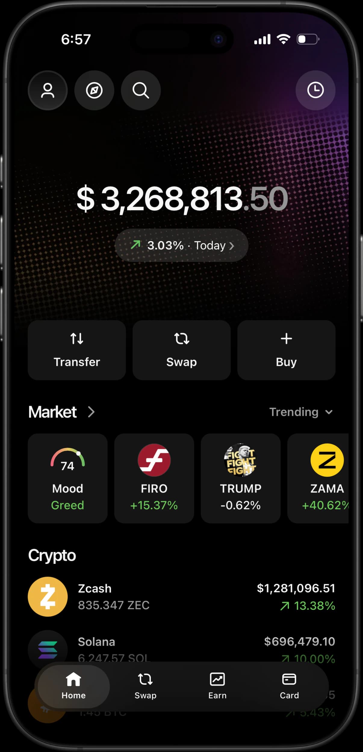 Ledger Live-style RPWallet simulator on iPhone with fictional holdings