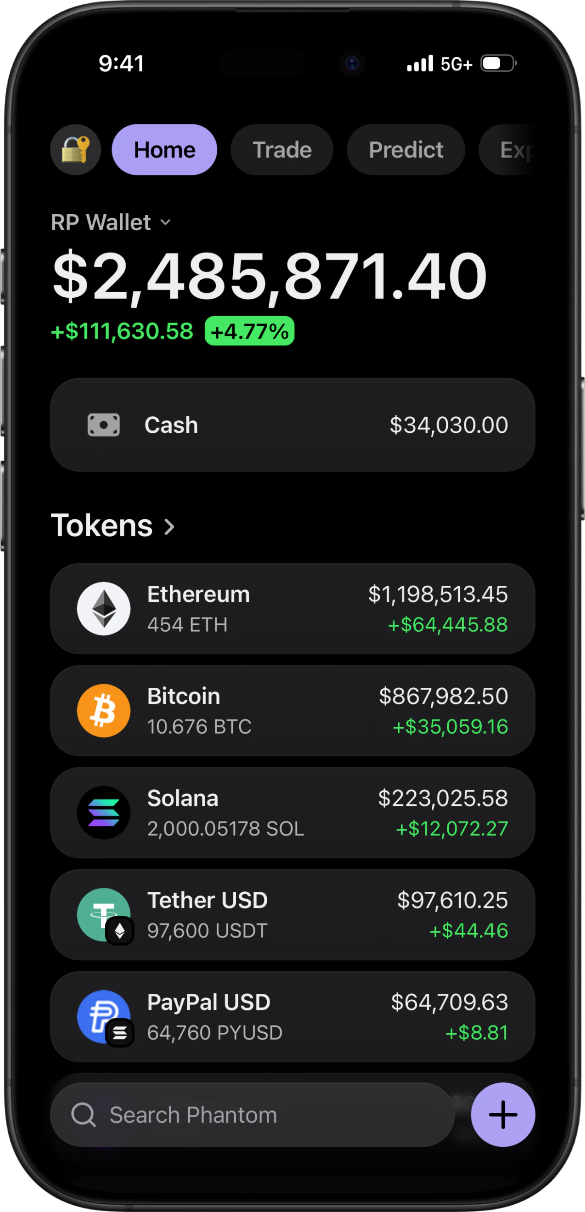 Phantom-style RPWallet simulator on iPhone with fictional holdings