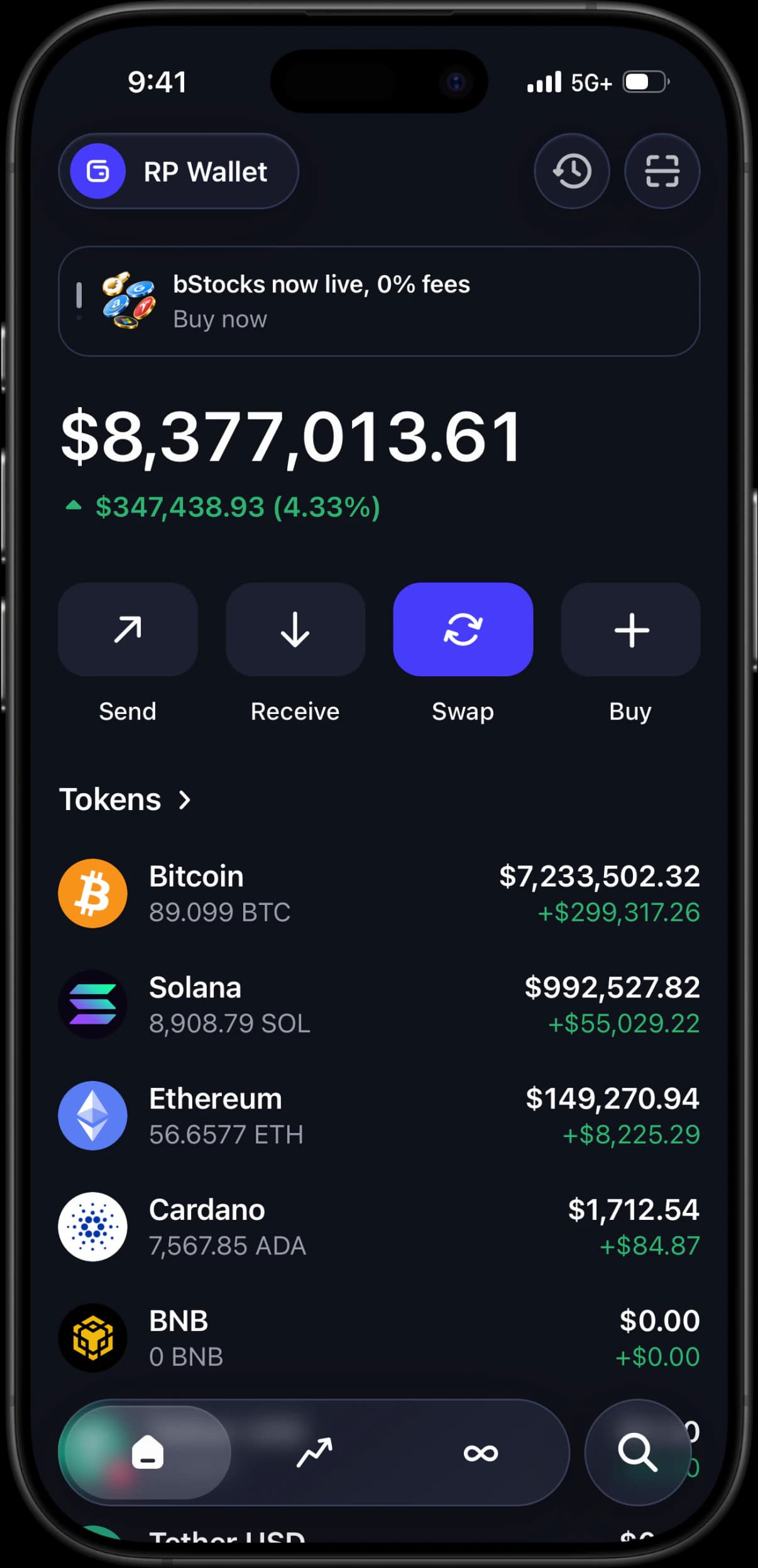Trust Wallet-style RPWallet simulator on iPhone with fictional holdings