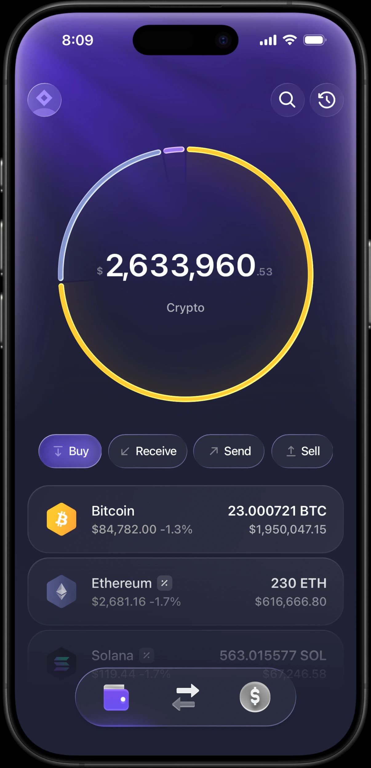 Exodus wallet simulator showing the portfolio allocation ring and asset list