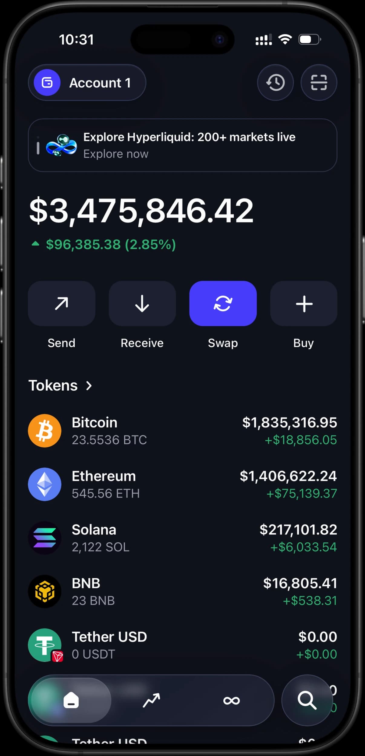 Trust Wallet-style LARP interface with a fictional portfolio