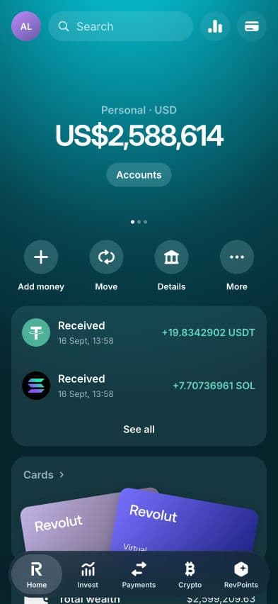 Revolut-style demo account screen in RPWallet