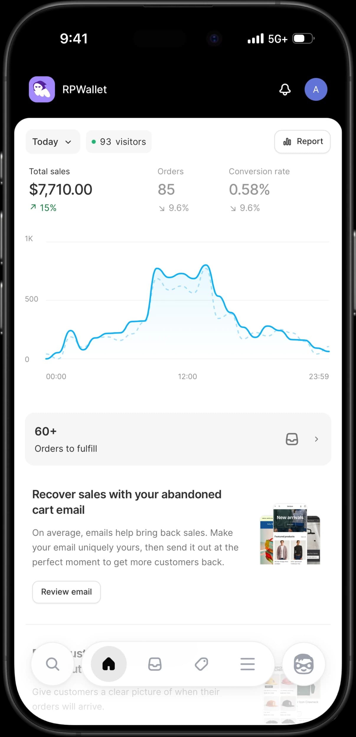 Shopify-style fictional store dashboard in RPWallet